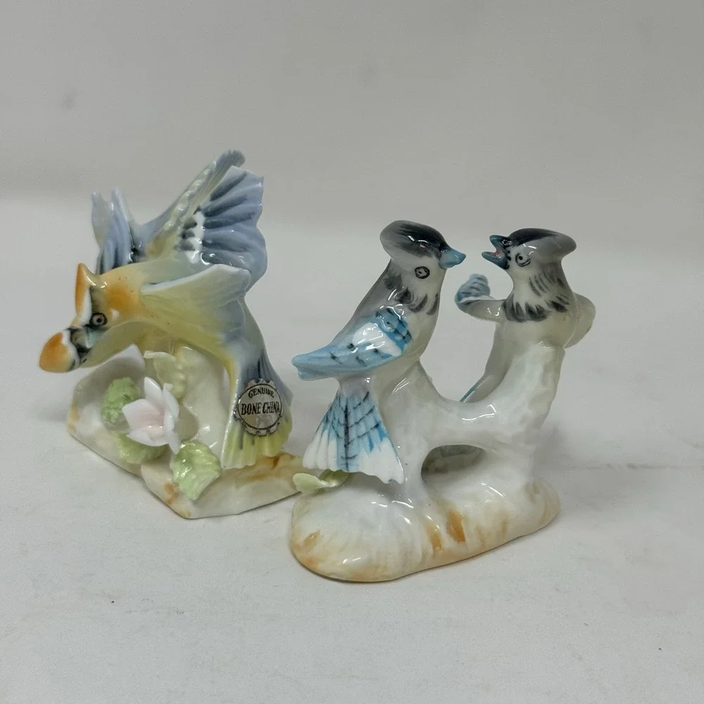 Genuine‎ Bone China Blue Jay Bird Figurines Pair Ceramic Ornaments Decor